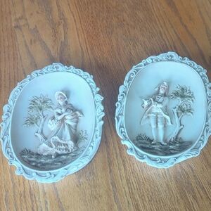 Lefton Colonial Boy And Girl In Garden Setting Wall Plaques - Pair